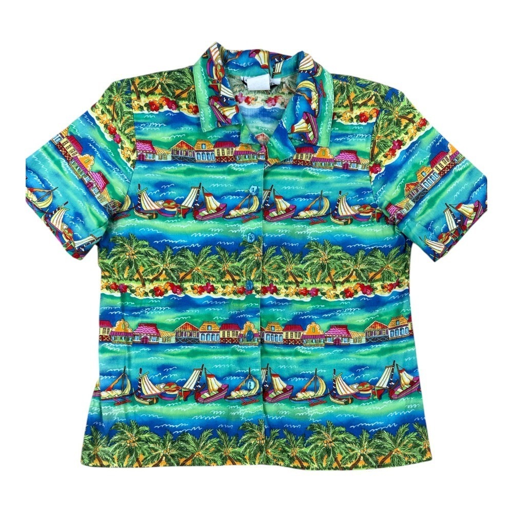 Lindsey Scott Petites Vintage Tropical Sailboat Palm Tree Cotton Shirt Blue PM